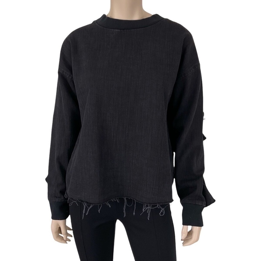 Zara Washed Black Long Sleeve Denim Ruffle Raw Hem Top